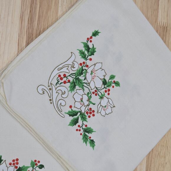 2 - Fabric Table Napkins Christmas Holly Berries Leaves White Poinsettia Flowers - Picture 2 of 15